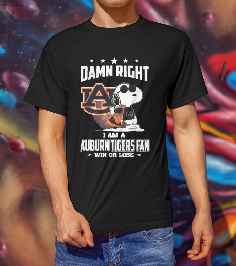 Damn Right I Am A Auburn Tigers Fan Win Or Lose Snoopy Auburn Logo T-Shirt