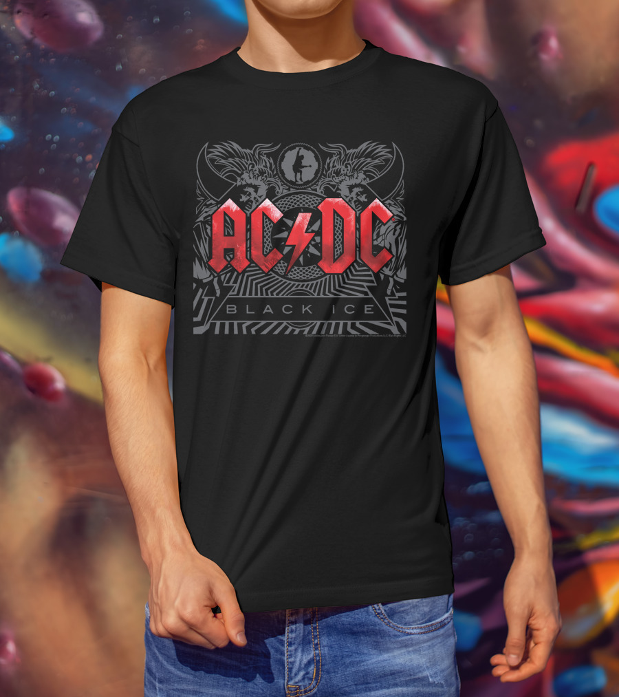 ACDC Black Ice Red Lightning Logo With Winged Creatures And Circle T-Shirt