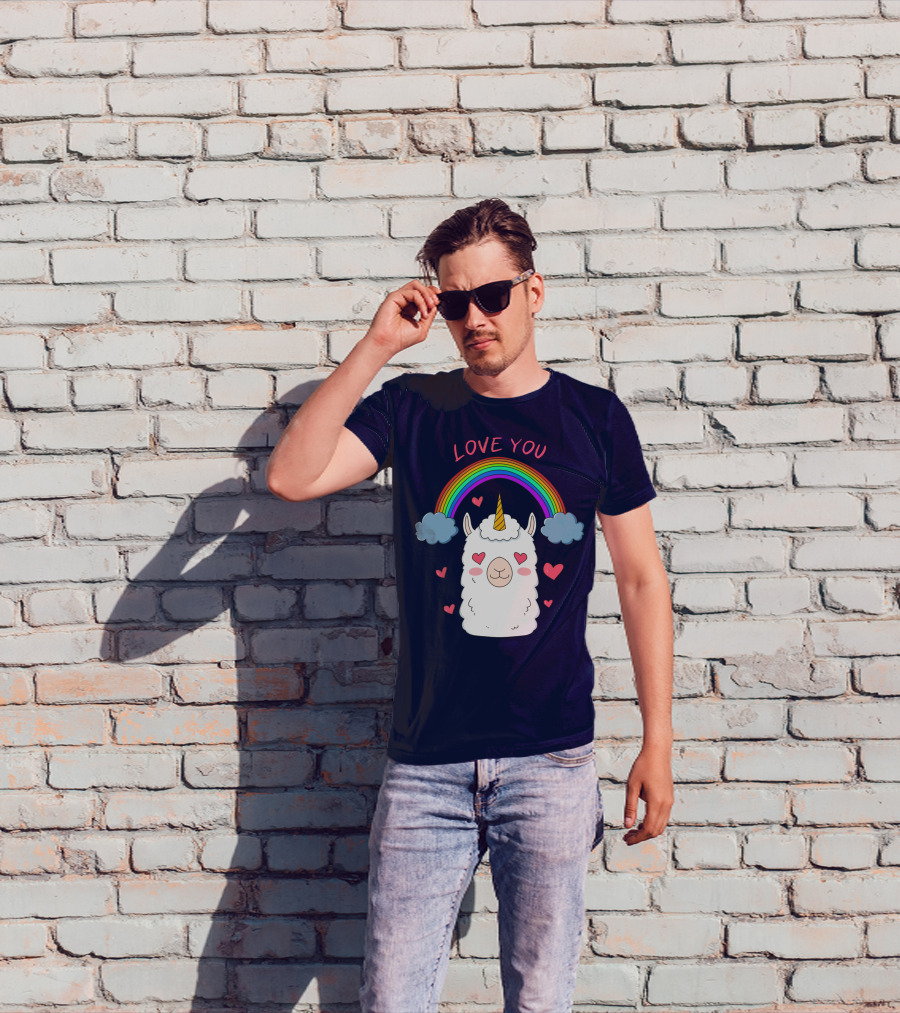 Love You Alpaca Unicorn Rainbow Cloud Hearts T-Shirt