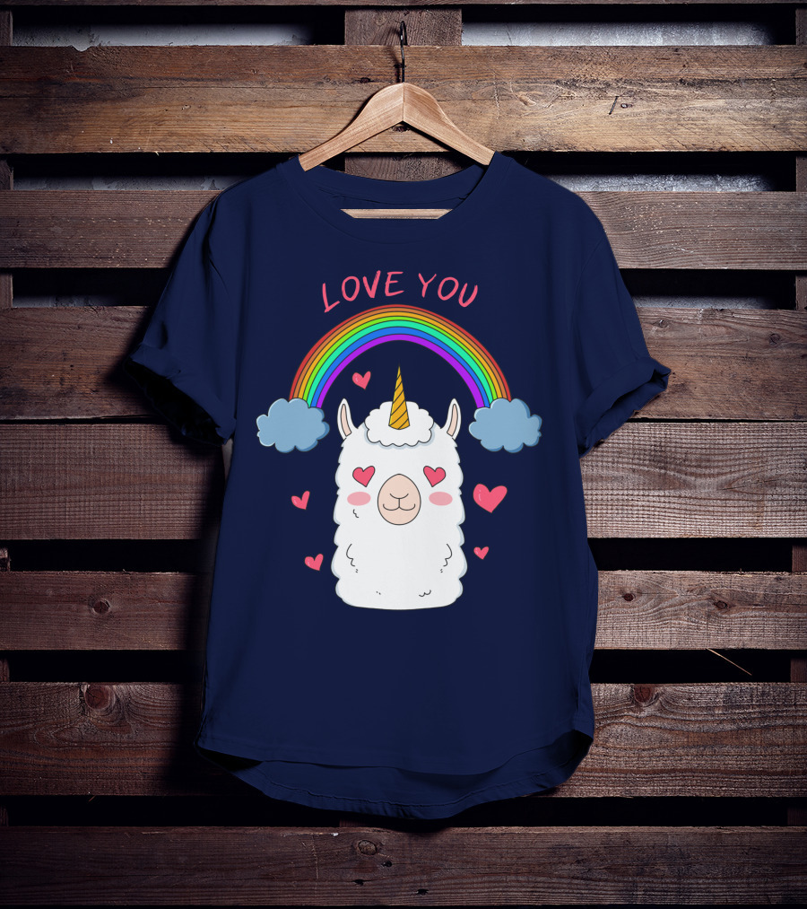 Love You Alpaca Unicorn Rainbow Cloud Hearts T-Shirt
