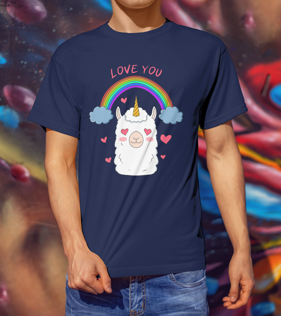 Love You Alpaca Unicorn Rainbow Cloud Hearts T-Shirt