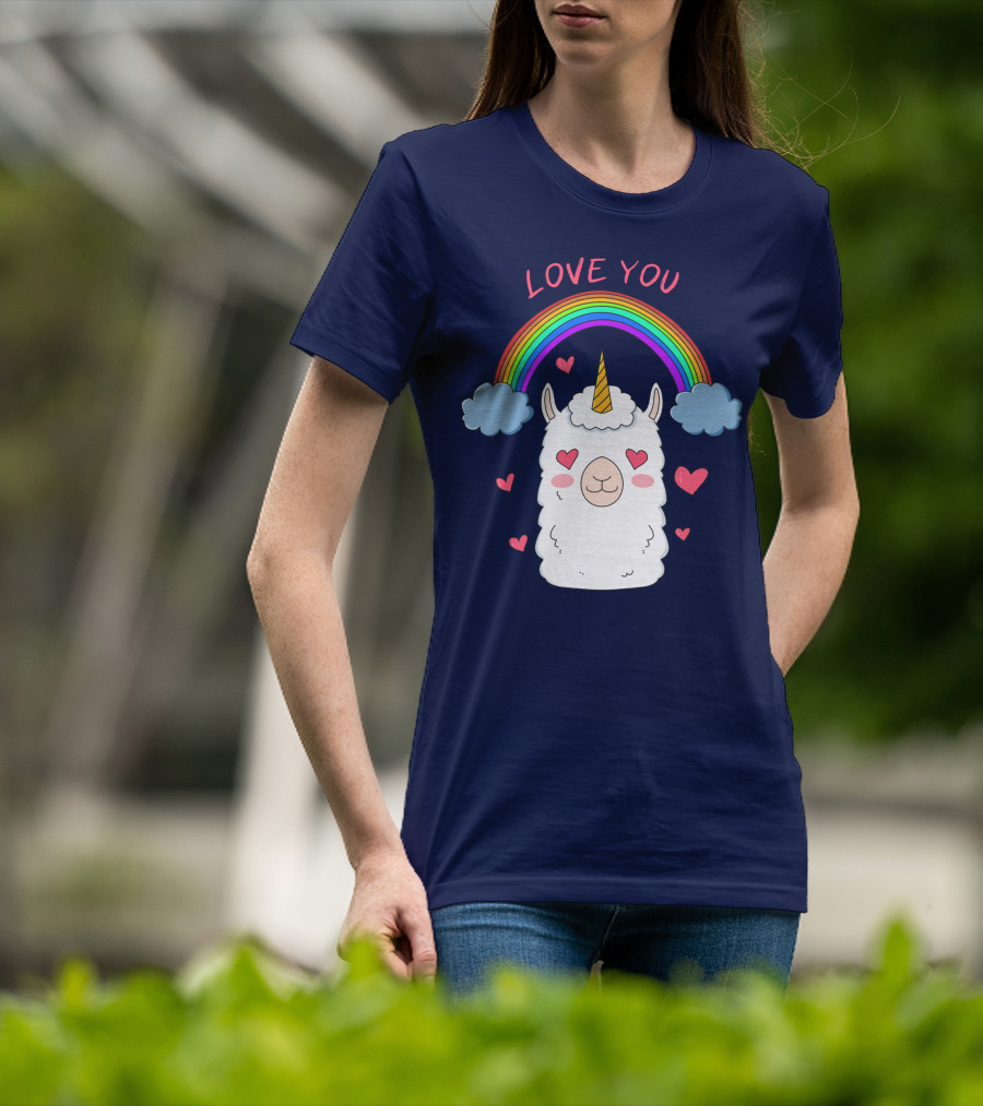 Love You Alpaca Unicorn Rainbow Cloud Hearts T-Shirt