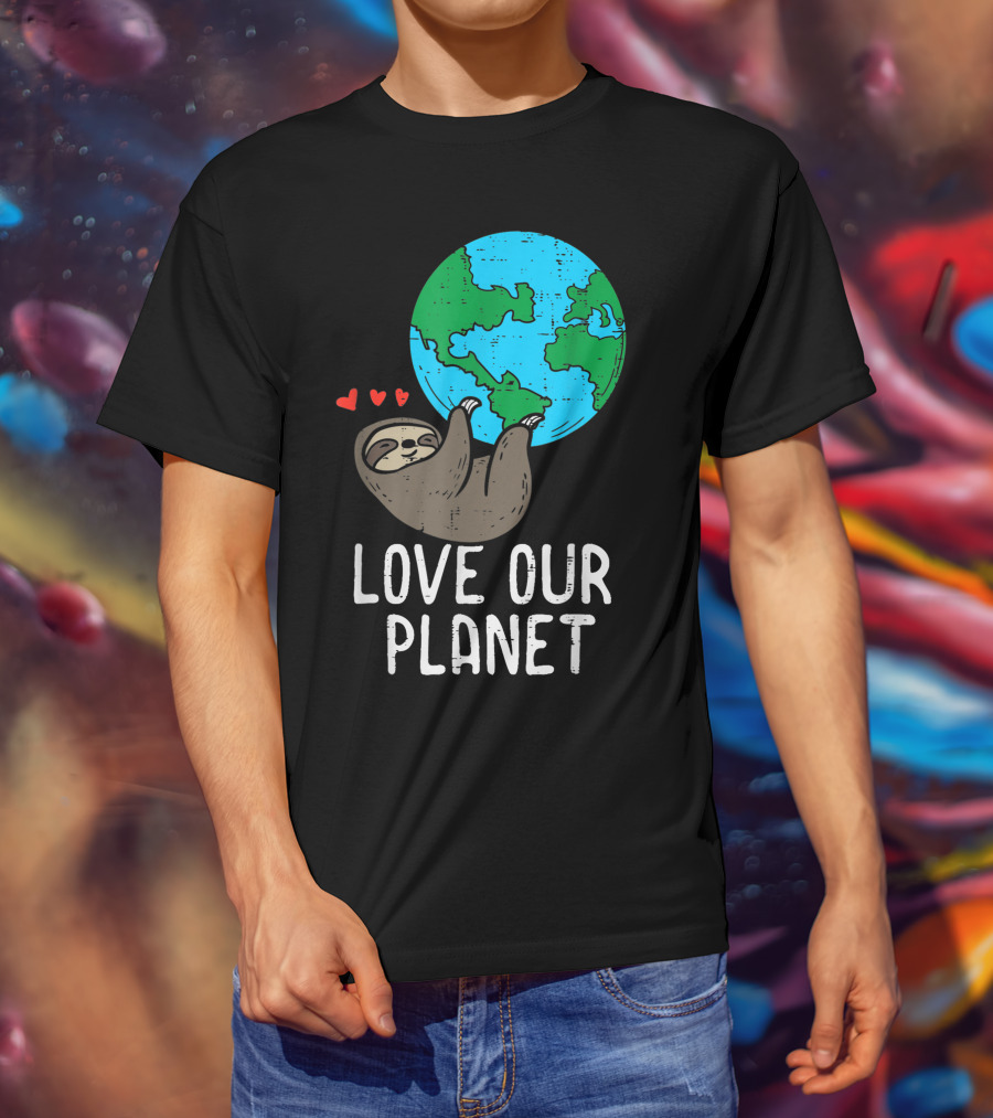 Love Our Planet Sloth Hanging Earth Day Cute Men Hearts Earth T-Shirt