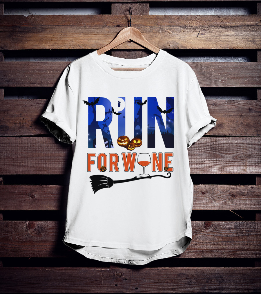 Halloween Run For Wine With Bats, Pumpkins, Witch's Broom, And Wine Glass T-Shirt