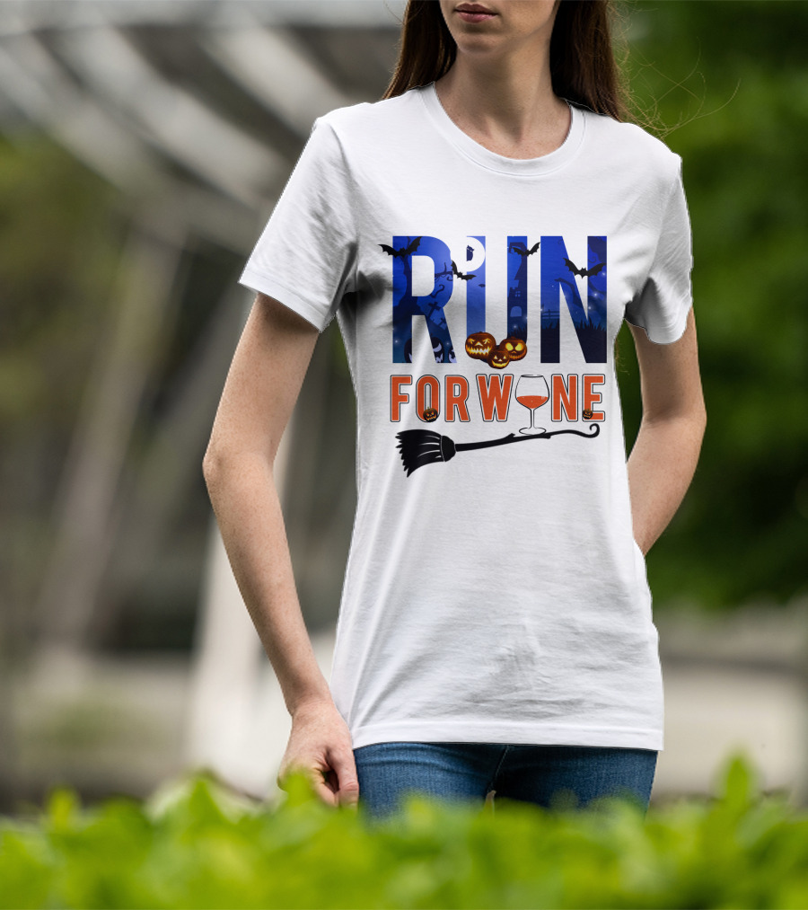 Halloween Run For Wine With Bats, Pumpkins, Witch's Broom, And Wine Glass T-Shirt