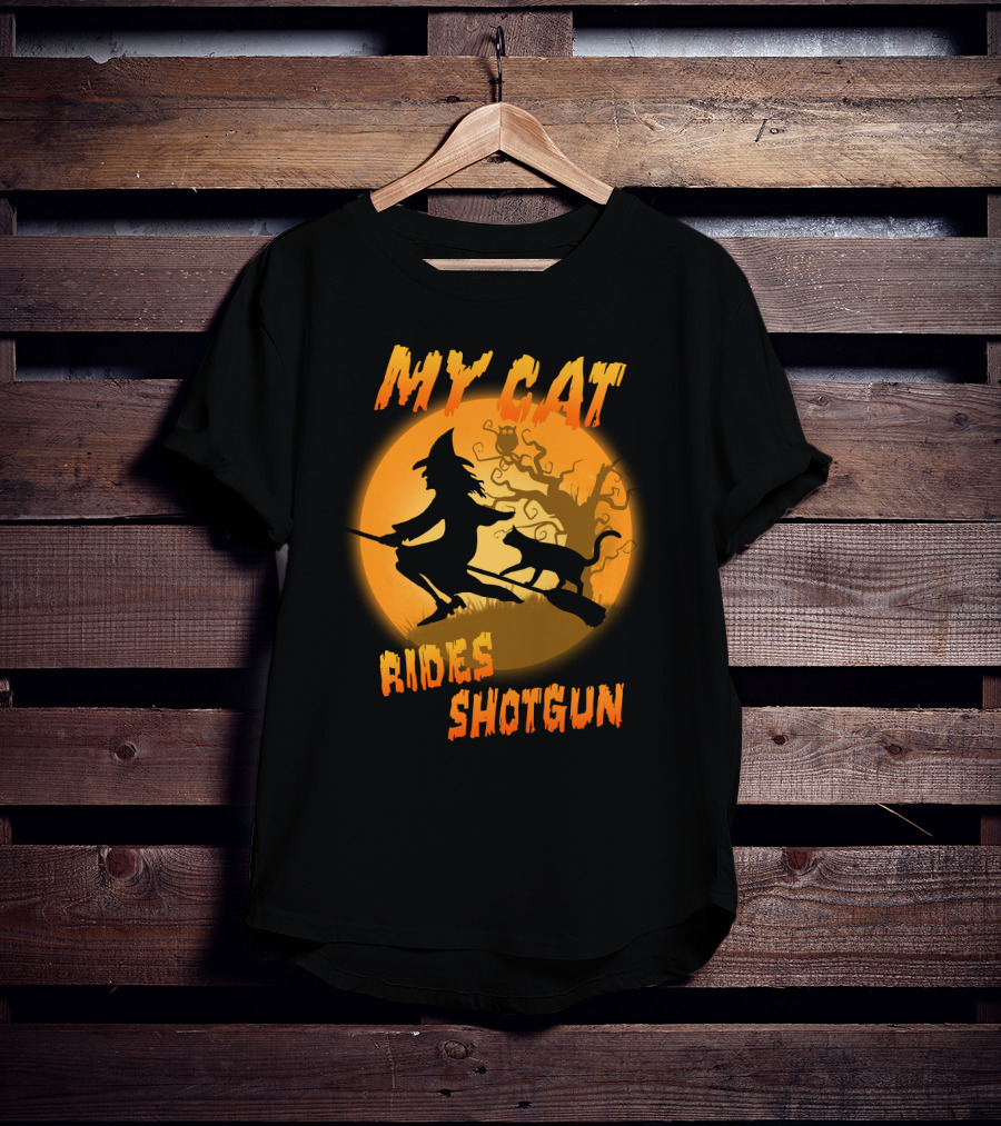 Witch And Cat Flying At Night With My Cat Rides Shotgun Silhouette Moon Scene T-Shirt