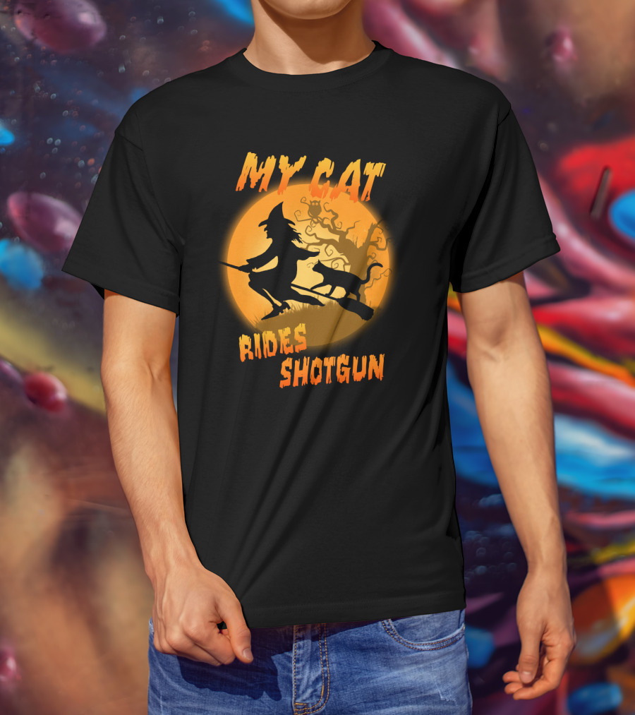 Witch And Cat Flying At Night With My Cat Rides Shotgun Silhouette Moon Scene T-Shirt