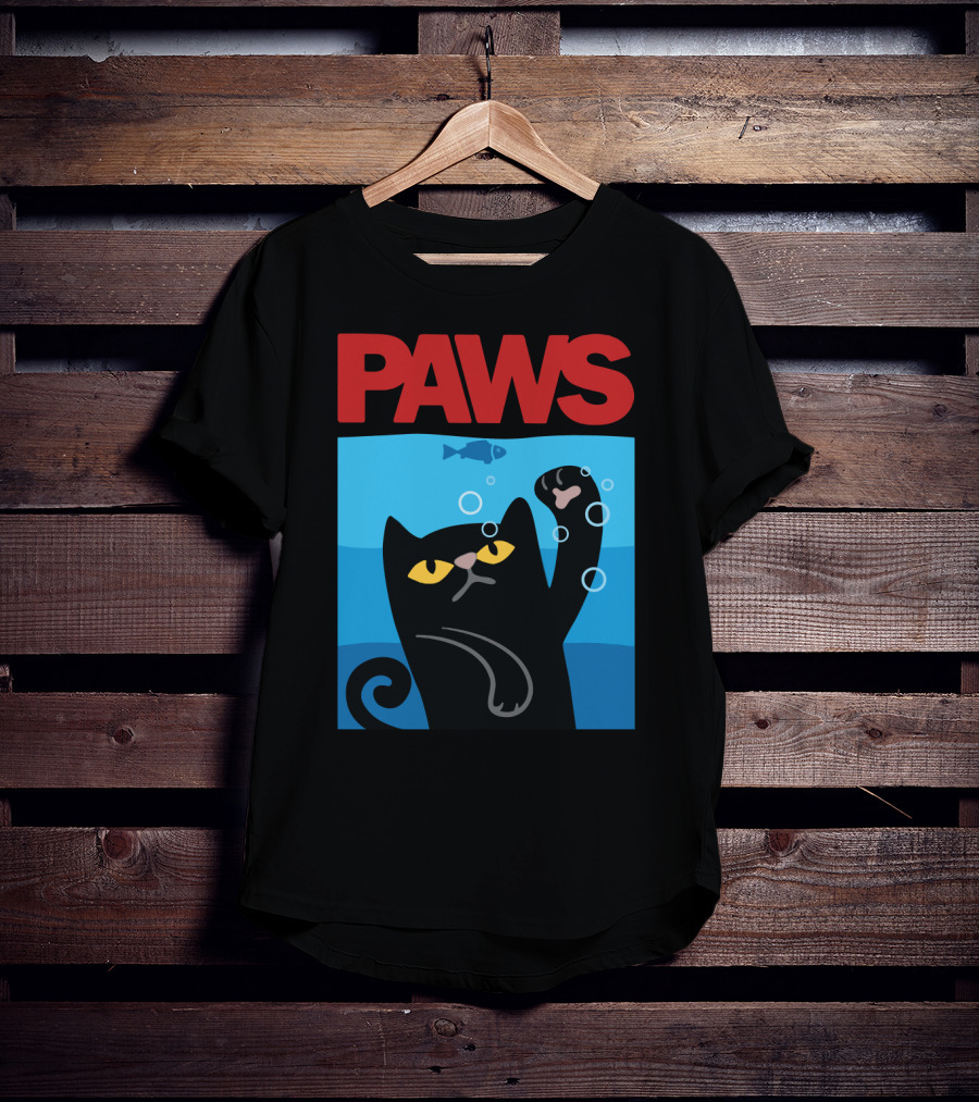 PAWS Jaws Parody Black Cat With Fish In Water T-Shirt