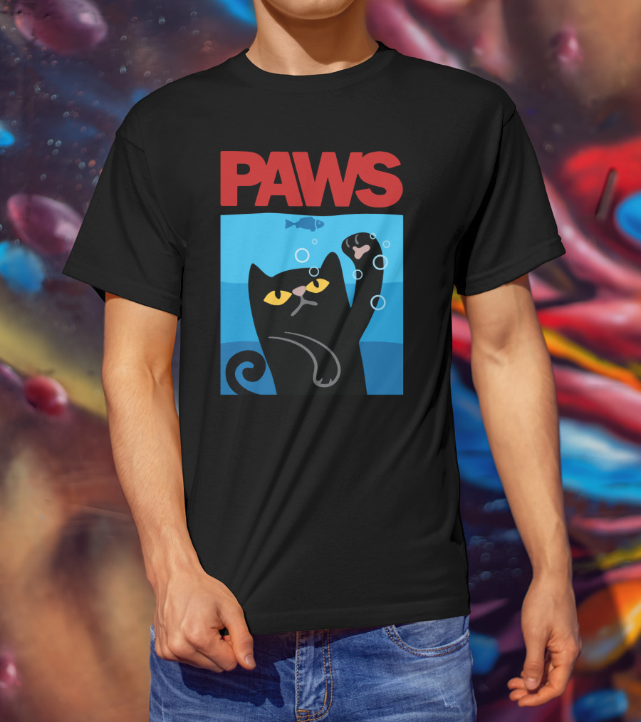 PAWS Jaws Parody Black Cat With Fish In Water T-Shirt