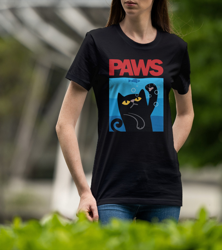 PAWS Jaws Parody Black Cat With Fish In Water T-Shirt