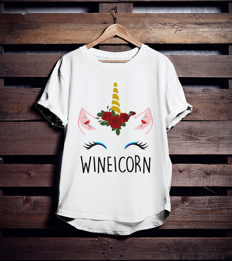 Wineicorn Unicorn With Wine Glass Rose Crown T-Shirt