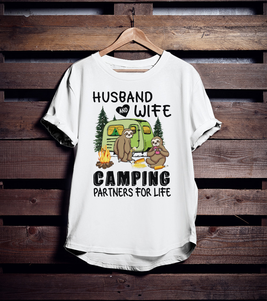 Sloth Lovers Husband And Wife Camping Partners For Life With Campfire Scene T-Shirt