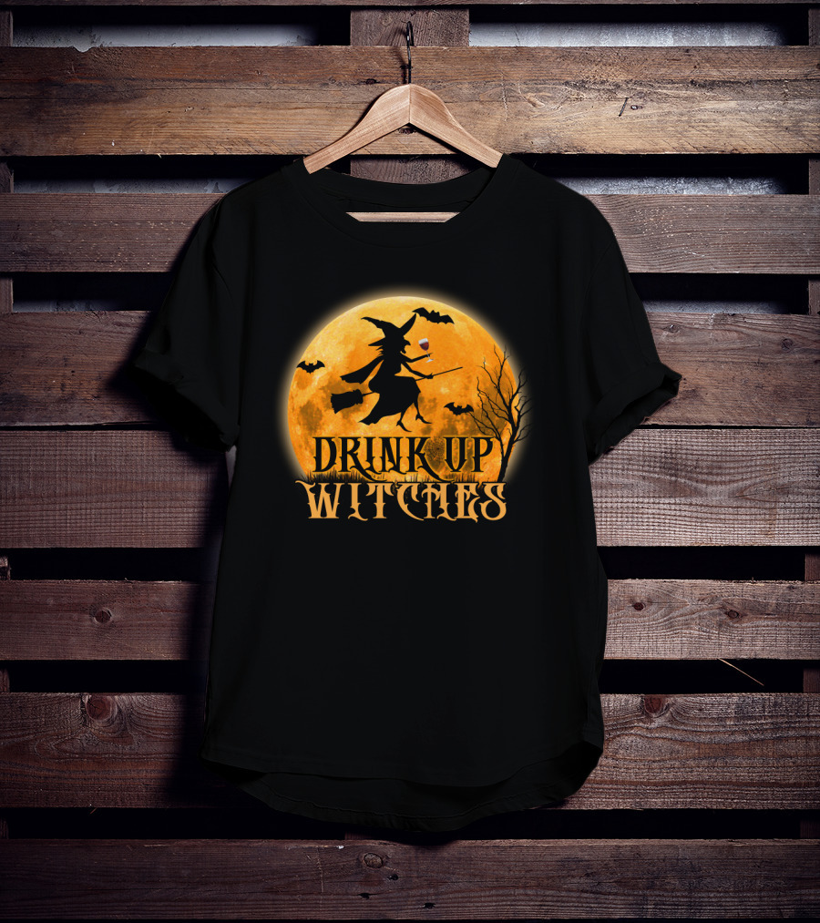 Drink Up Witches Wine Halloween Moon Bats Broomstick T-Shirt