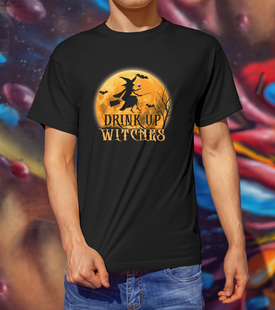 Drink Up Witches Wine Halloween Moon Bats Broomstick T-Shirt