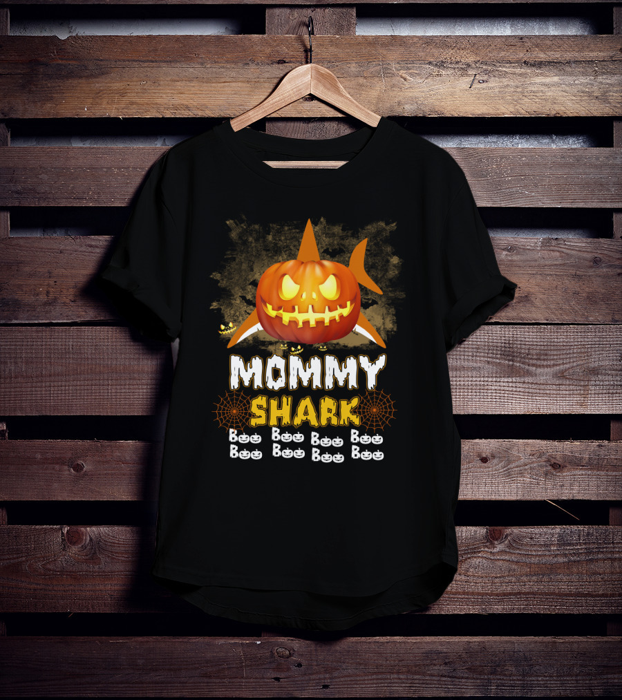 Mommy Shark Pumpkin Boo Halloween Jack-O'-Lantern And Spiderwebs T-Shirt