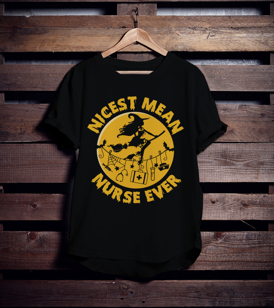 Nicest Mean Nurse Ever Witch Theme With Medical And Halloween Elements T-Shirt