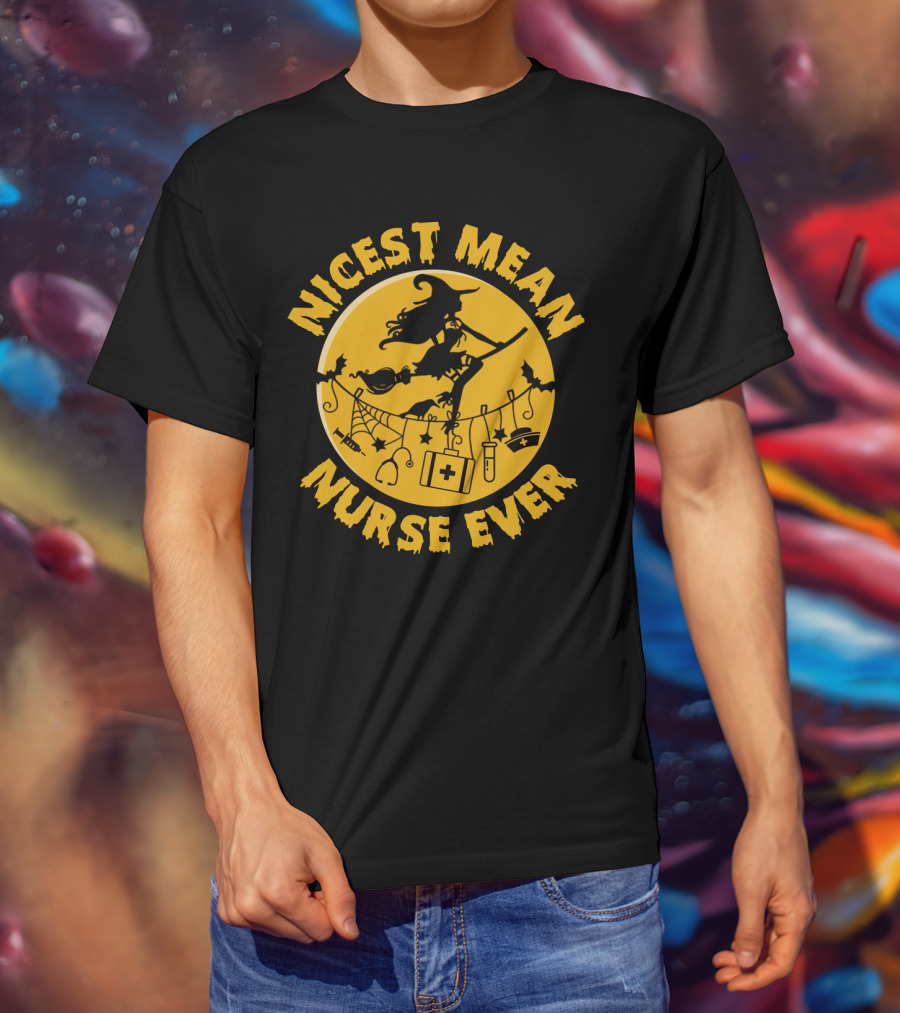 Nicest Mean Nurse Ever Witch Theme With Medical And Halloween Elements T-Shirt