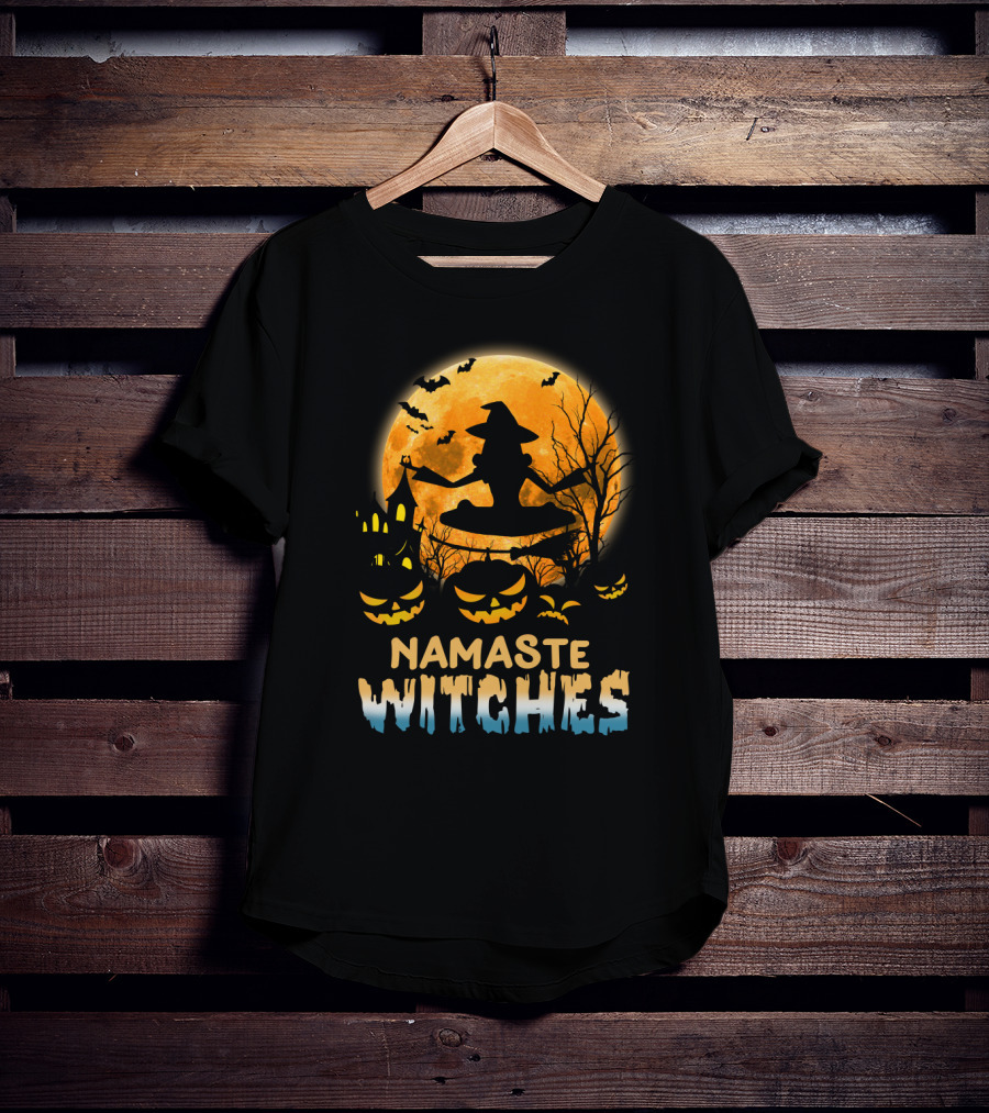 Namaste Witches Yoga Halloween Moon And Pumpkins T-Shirt