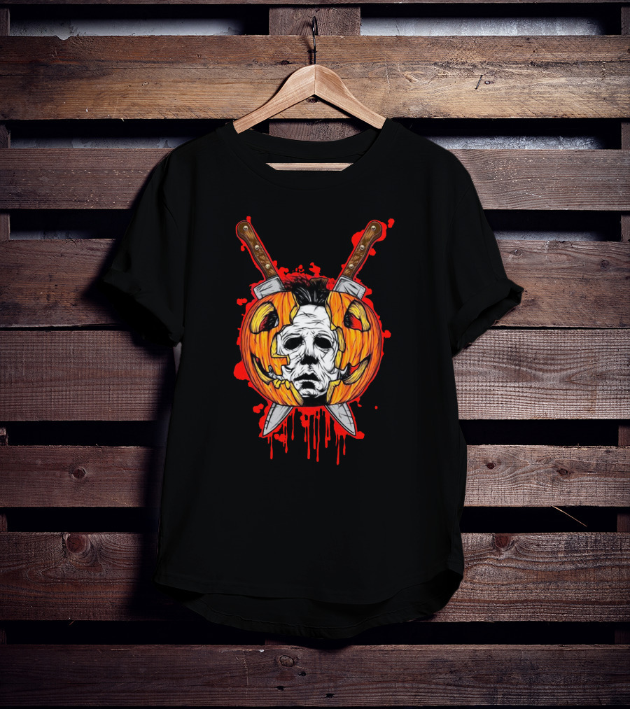 Michael Myers Pumpkin Head Halloween Horror Iconic Mask Crossed Knives T-Shirt