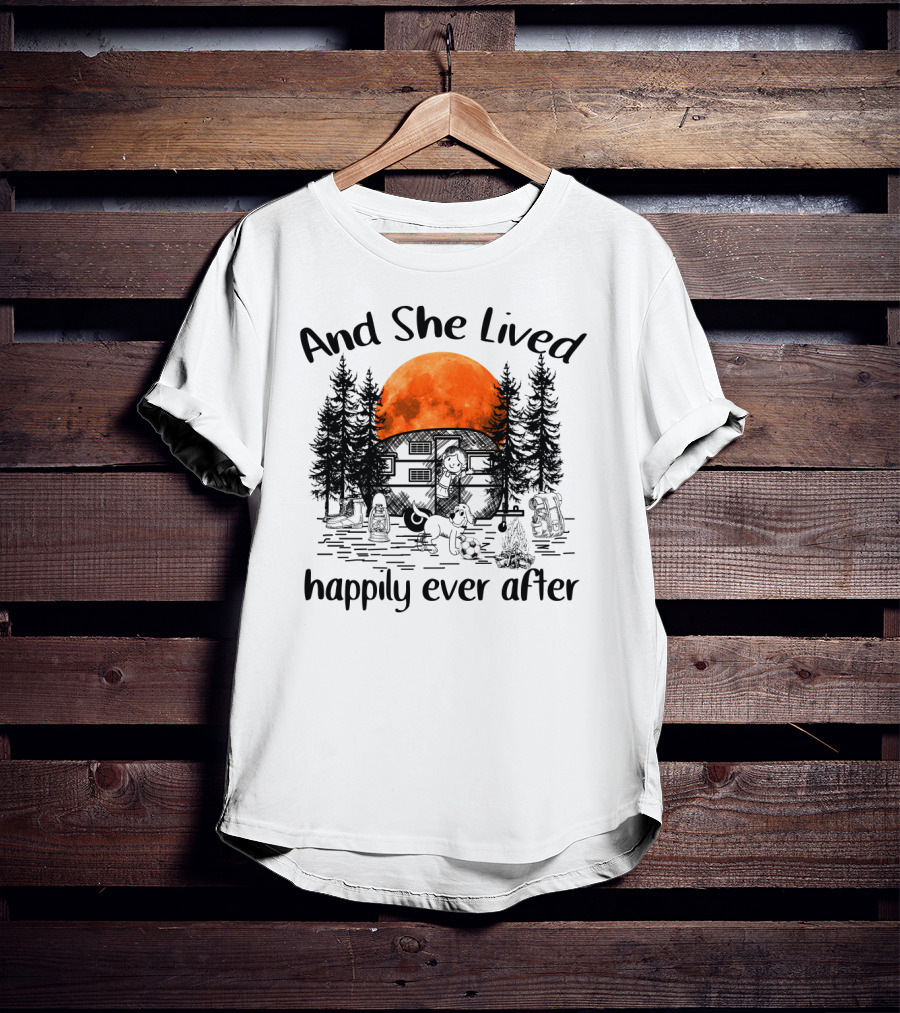 And She Lived Happily Ever After Camping Adventure With Orange Moon And Campfire Scene T-Shirt