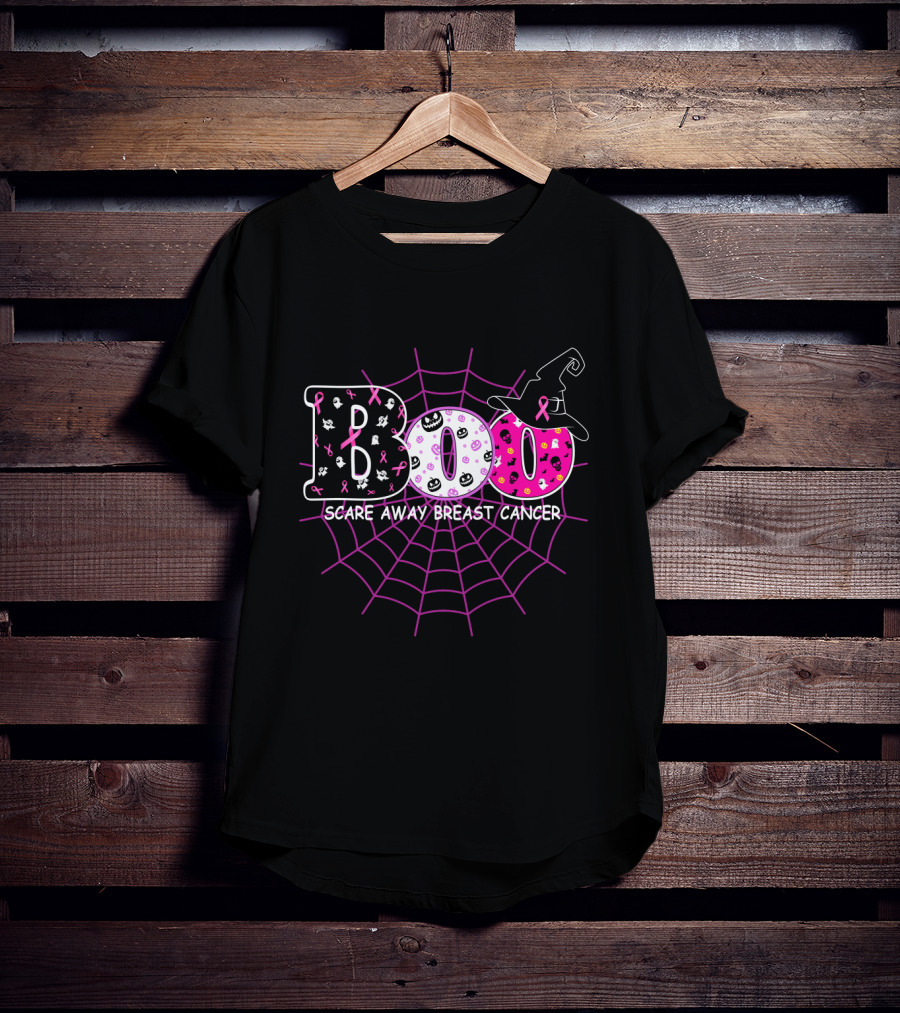 Boo Halloween Witch Hat Pink Ribbon Scare Away Breast Cancer Awareness T-Shirt