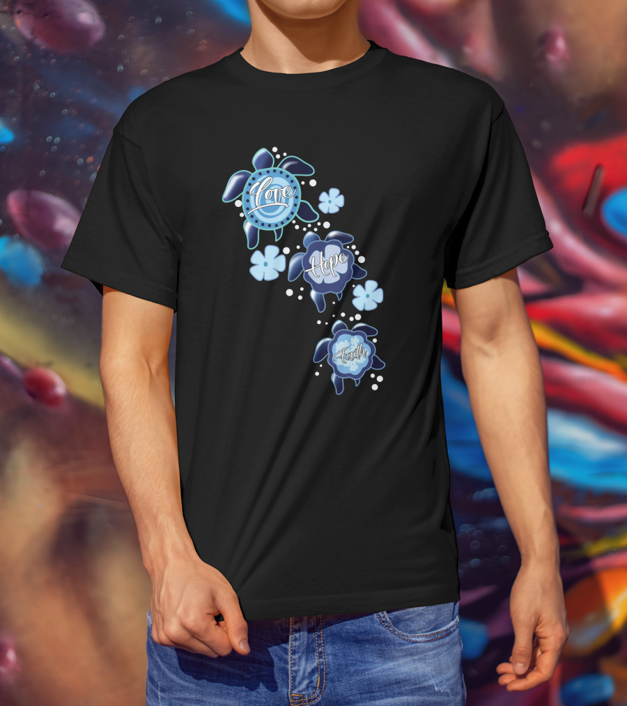 Love Hope Faith Turtle Icons Blue T-Shirt