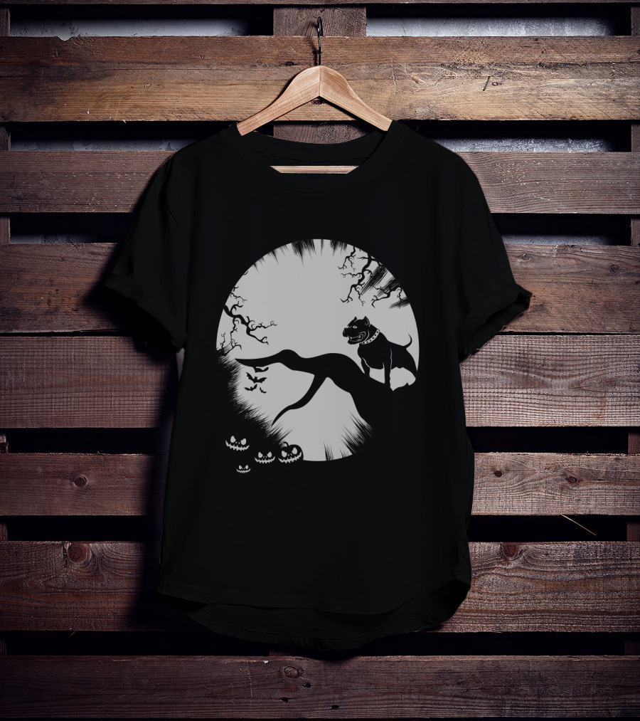 Pitbull Halloween Moon With Jack O'Lanterns And Bats T-Shirt