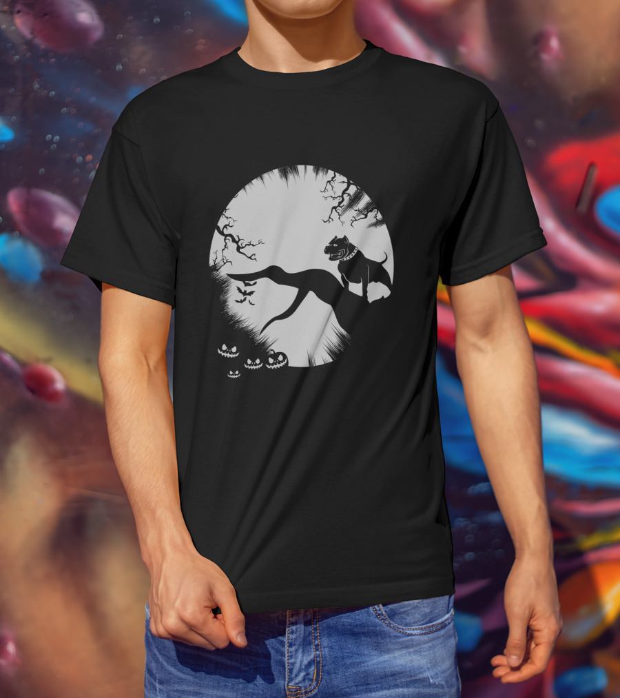 Pitbull Halloween Moon With Jack O'Lanterns And Bats T-Shirt