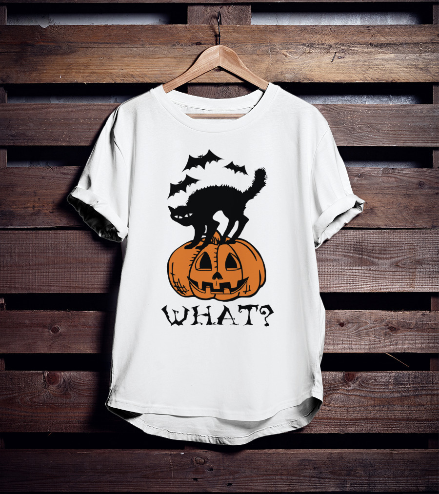 WHAT Black Cat Halloween Pumpkin Bats T-Shirt