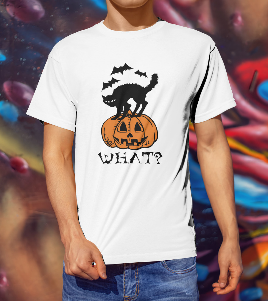 WHAT Black Cat Halloween Pumpkin Bats T-Shirt