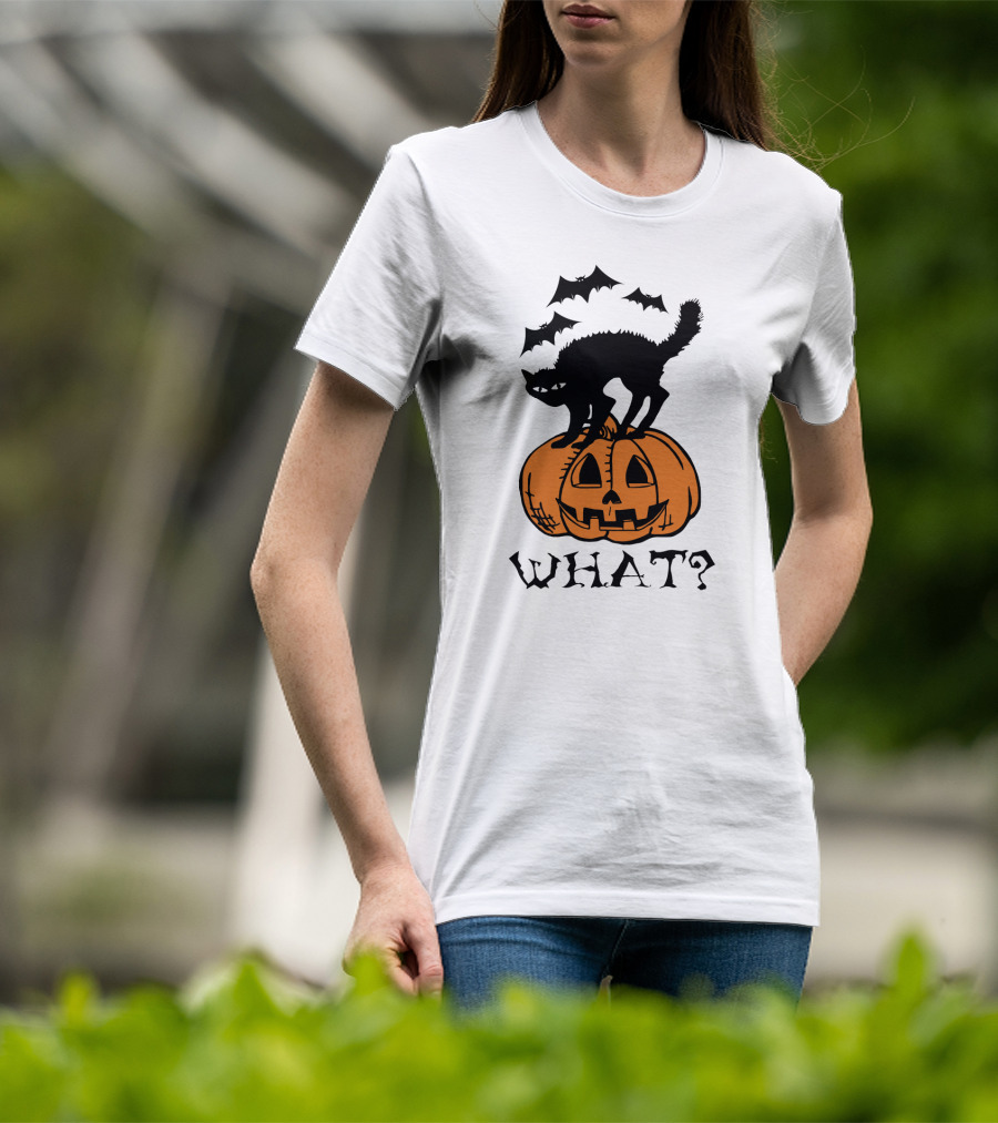 WHAT Black Cat Halloween Pumpkin Bats T-Shirt