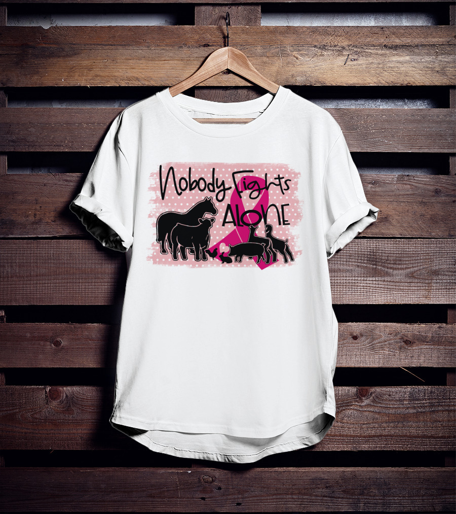 Nobody Fights Alone Breast Cancer Awareness With Farm Animal Silhouettes And Pink T-Shirt