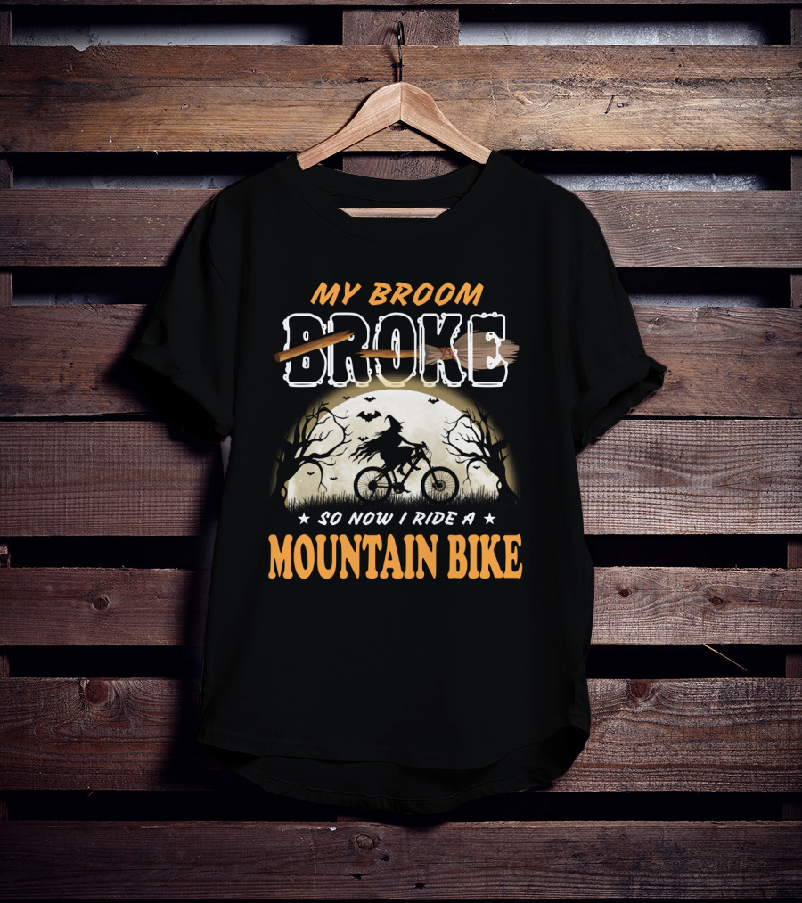 My Broom Broke So Now I Ride A Mountain Bike Halloween Witch Cycling Moon Scene T-Shirt