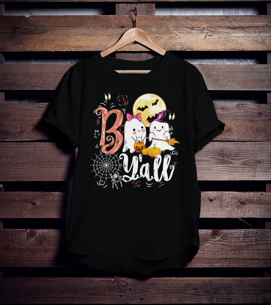 Bo Y'all Cute Ghosts With Pumpkins And Halloween Full Moon T-Shirt