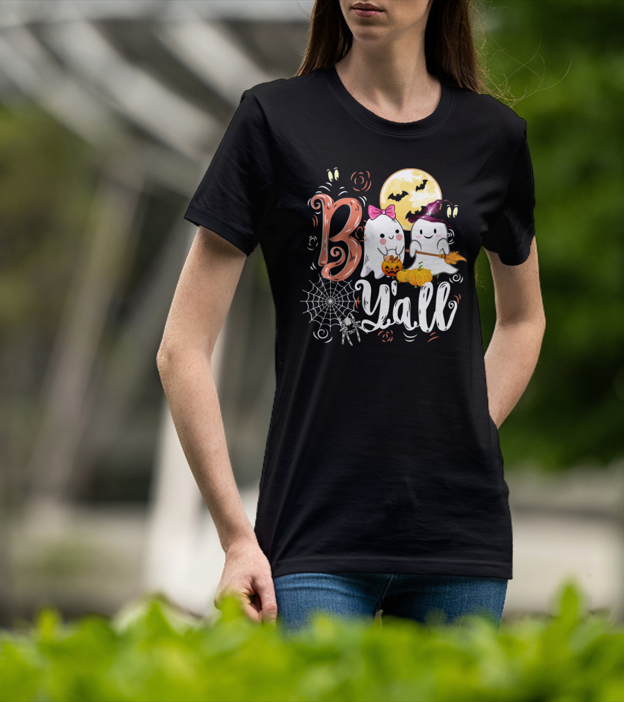 Bo Y'all Cute Ghosts With Pumpkins And Halloween Full Moon T-Shirt