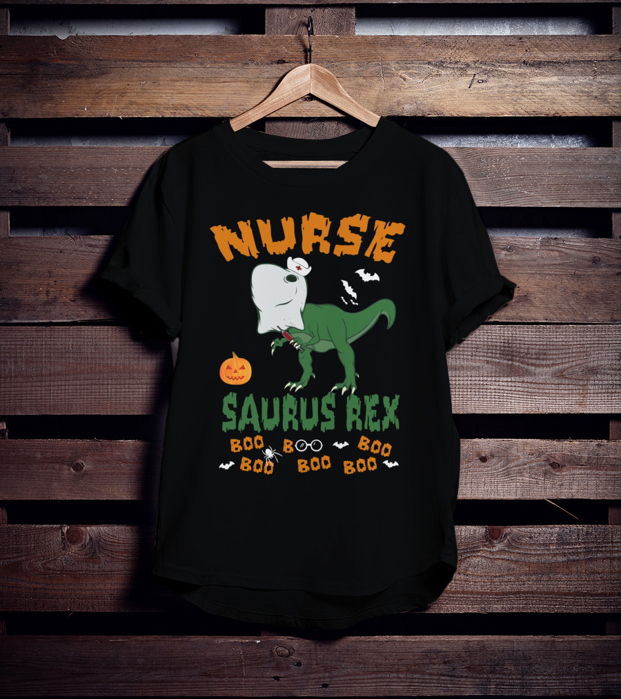 Nurse Saurus Rex Boo Boo Halloween Pumpkin Bat T-Shirt