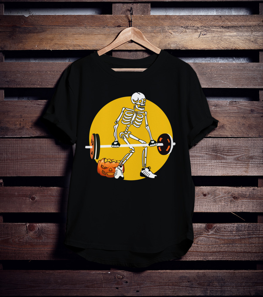 Skeleton Lifting Barbell With Pumpkin Halloween T-Shirt
