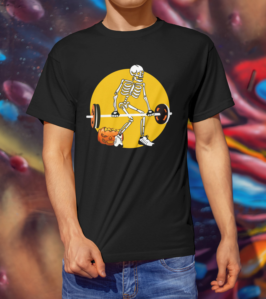Skeleton Lifting Barbell With Pumpkin Halloween T-Shirt