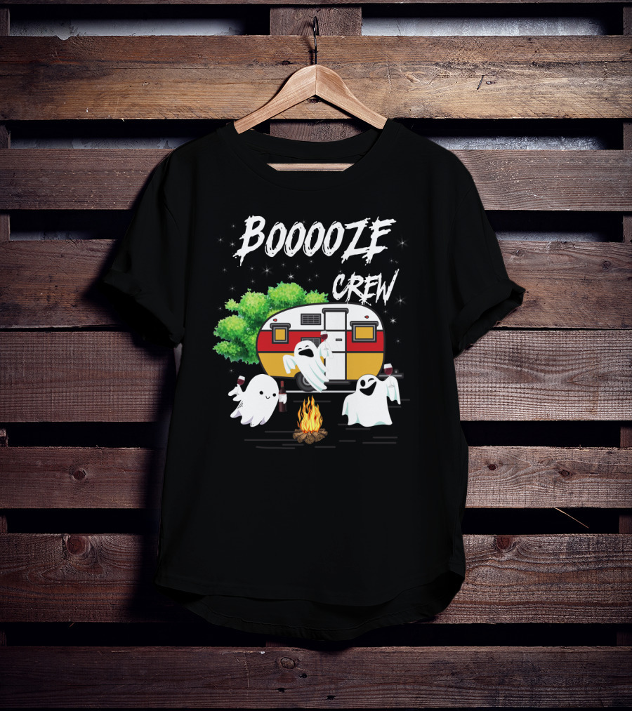 Booooze Crew Ghost Camping With Campfire Caravan And Wine Glasses T-Shirt