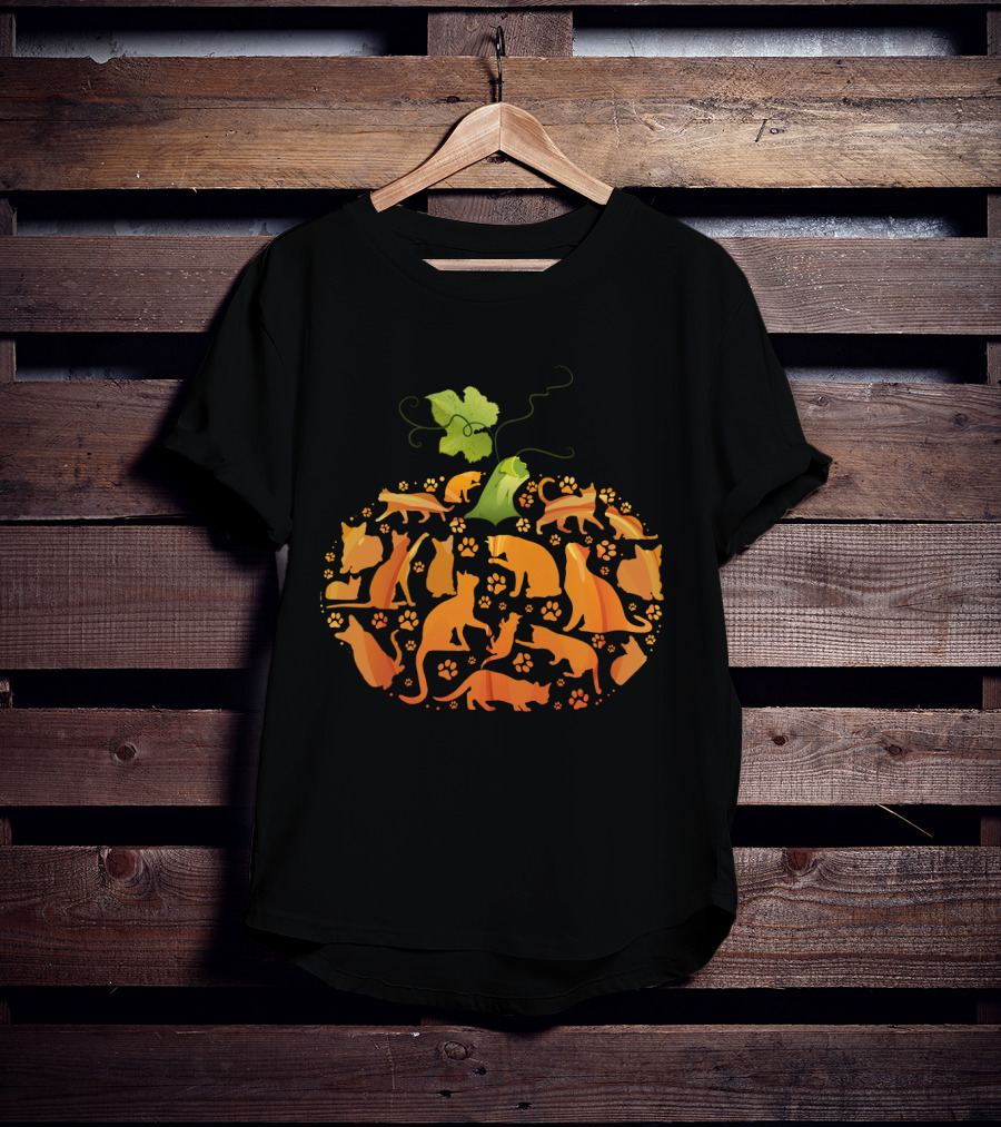 Cat Pumpkin Silhouette With Paws In Pumpkin Shape T-Shirt
