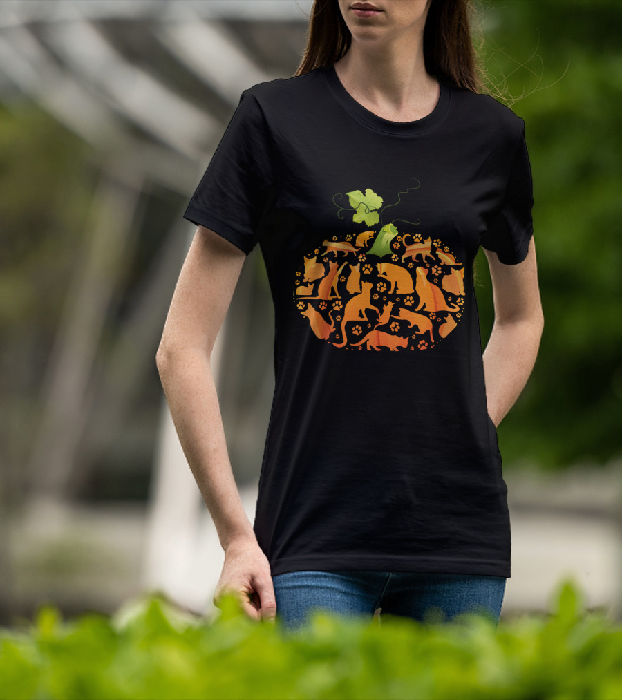 Cat Pumpkin Silhouette With Paws In Pumpkin Shape T-Shirt