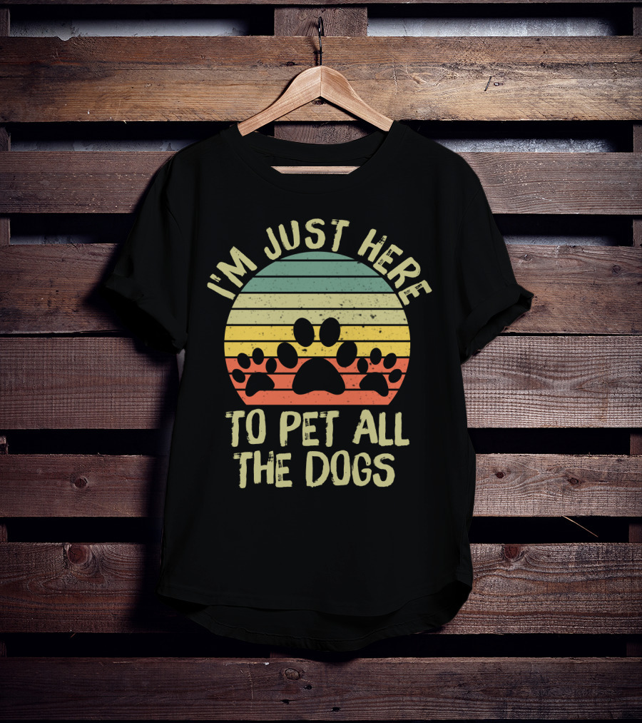 I'm Just Here To Pet All The Dogs Retro Paw Print Stripes T-Shirt