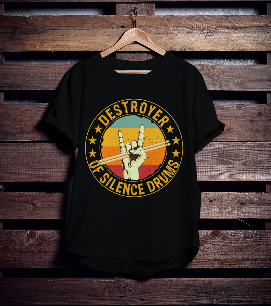 Destroyer Of Silence Drums Rock Hand Gesture Stars Retro Stripes T-Shirt