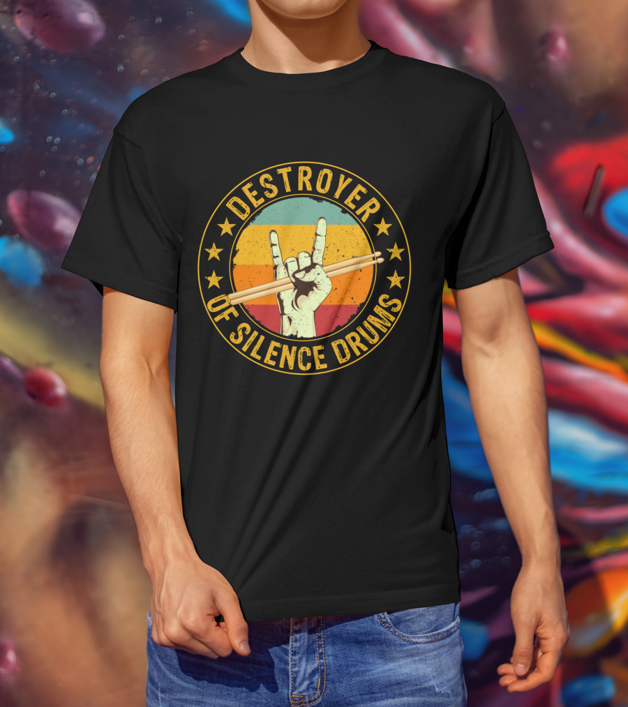 Destroyer Of Silence Drums Rock Hand Gesture Stars Retro Stripes T-Shirt