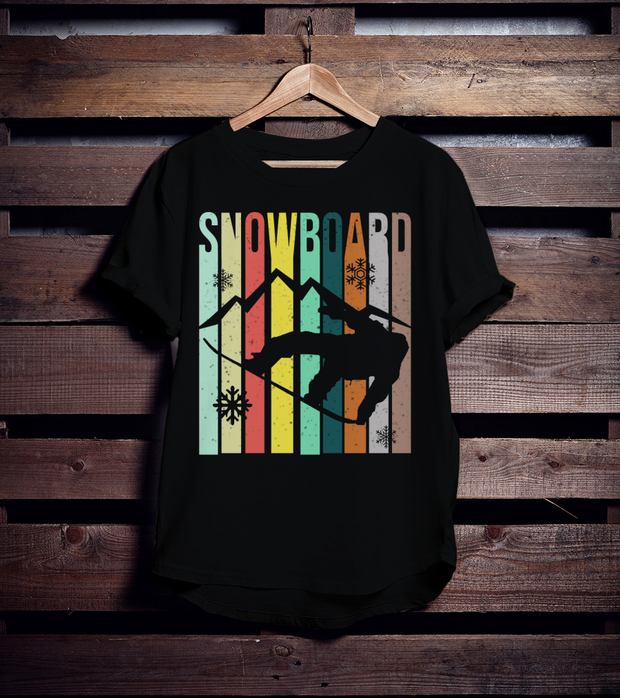 Snowboard Snowboarding Retro Mountain Silhouette Snowflakes T-Shirt