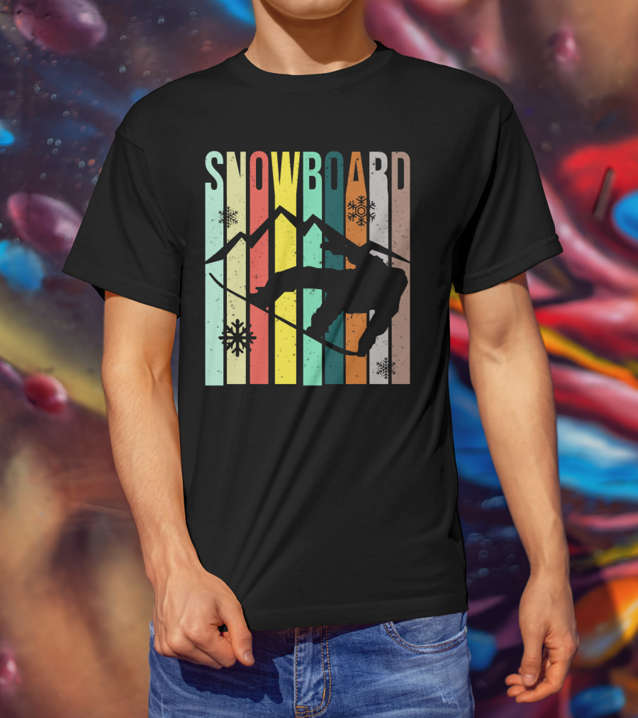 Snowboard Snowboarding Retro Mountain Silhouette Snowflakes T-Shirt
