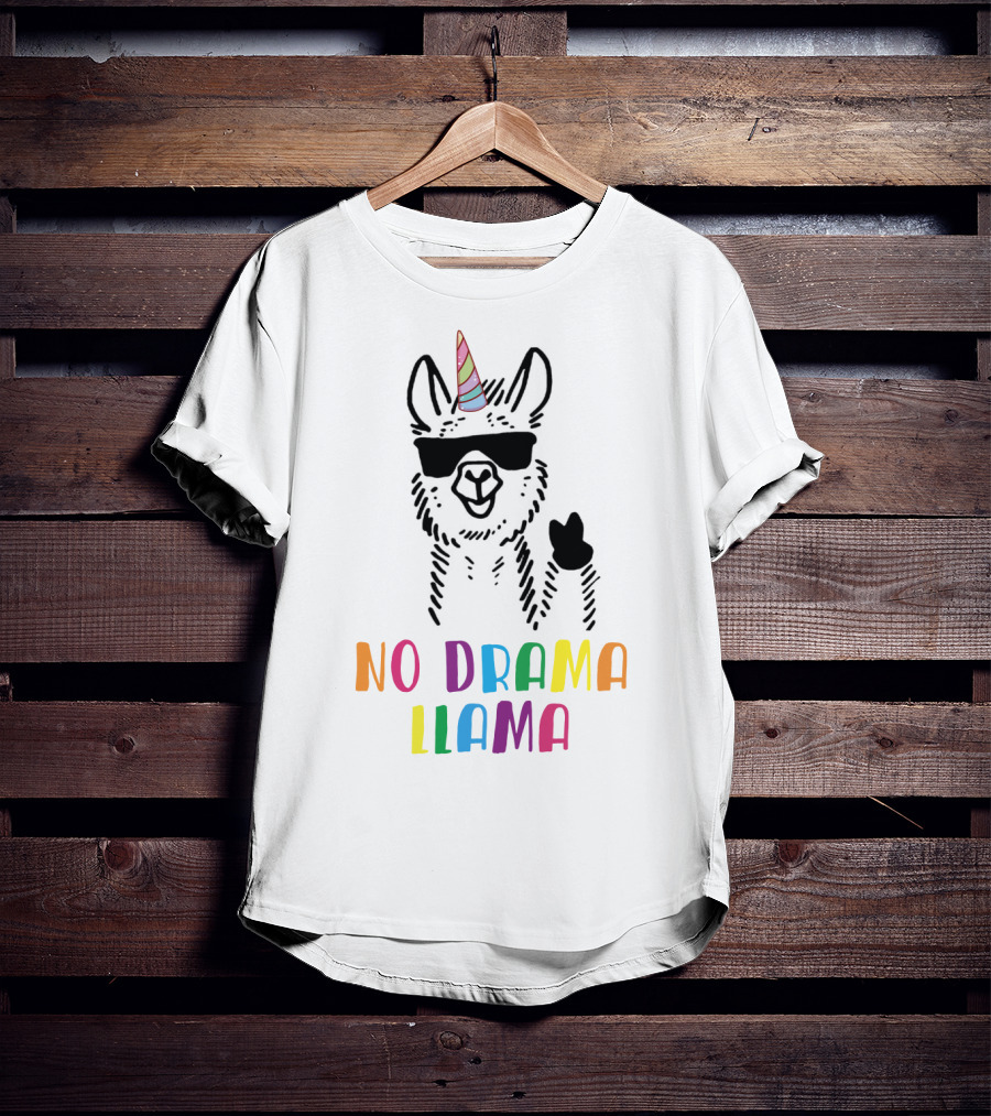 Llamacorn No Drama Llama Funny Unicorn Rainbow Text Sunglasses Peace Sign T-Shirt