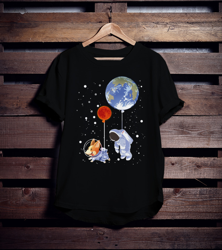 Corgi Astronaut And Human Floating With Earth And Mars Balloons In Space T-Shirt