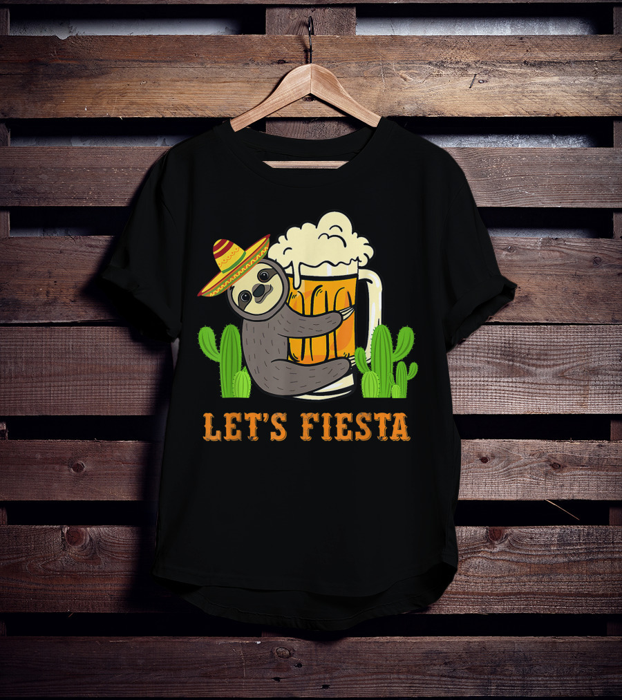 Let's Fiesta Sloth With Beer And Mexican Cactus Celebrating Cinco De Mayo T-Shirt