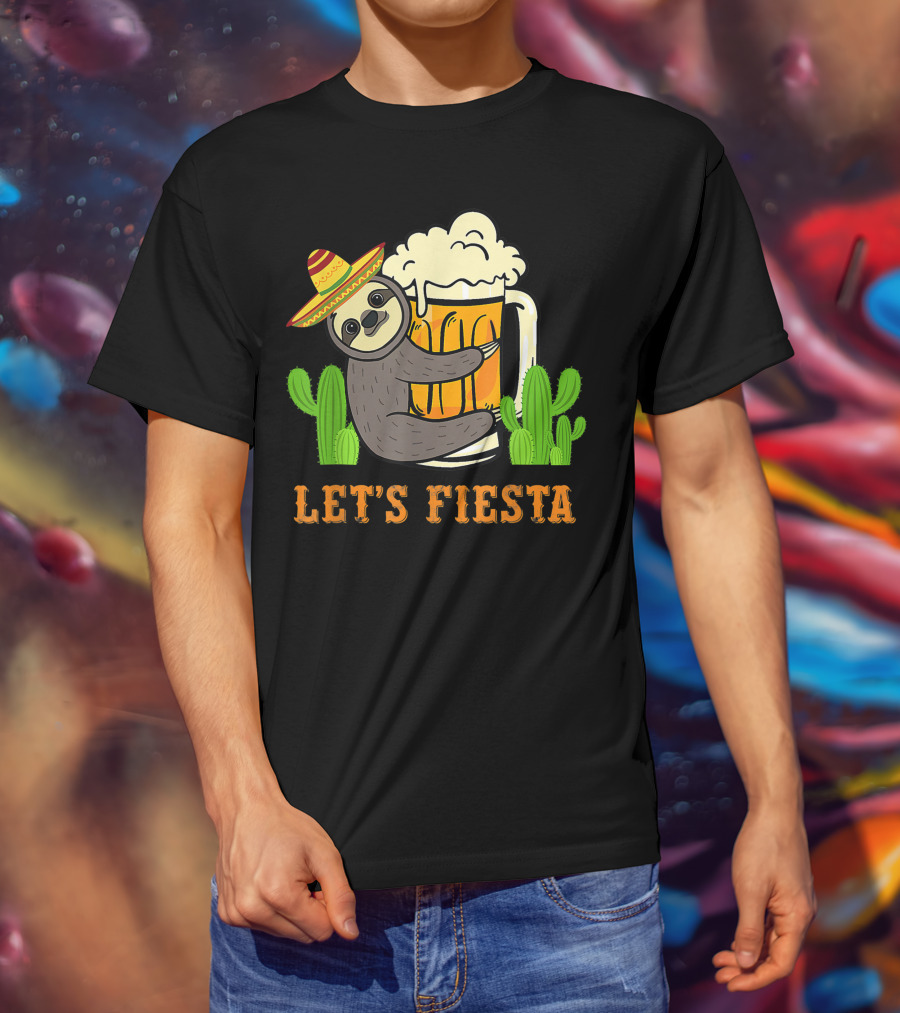 Let's Fiesta Sloth With Beer And Mexican Cactus Celebrating Cinco De Mayo T-Shirt